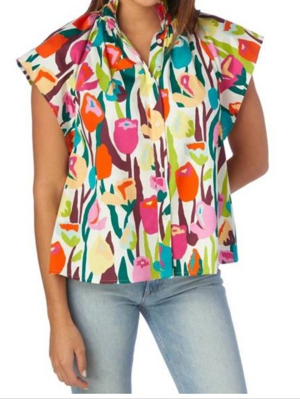 Crosby By Mollie Burch Billie Blouse In Tulip Print With Cap Sleeve Button Up